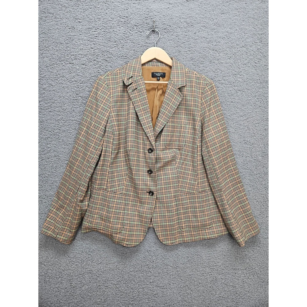 Talbots Blazer 14W Multicolor Plaid Wool Blend Suede Elbow Patch Dark Academia